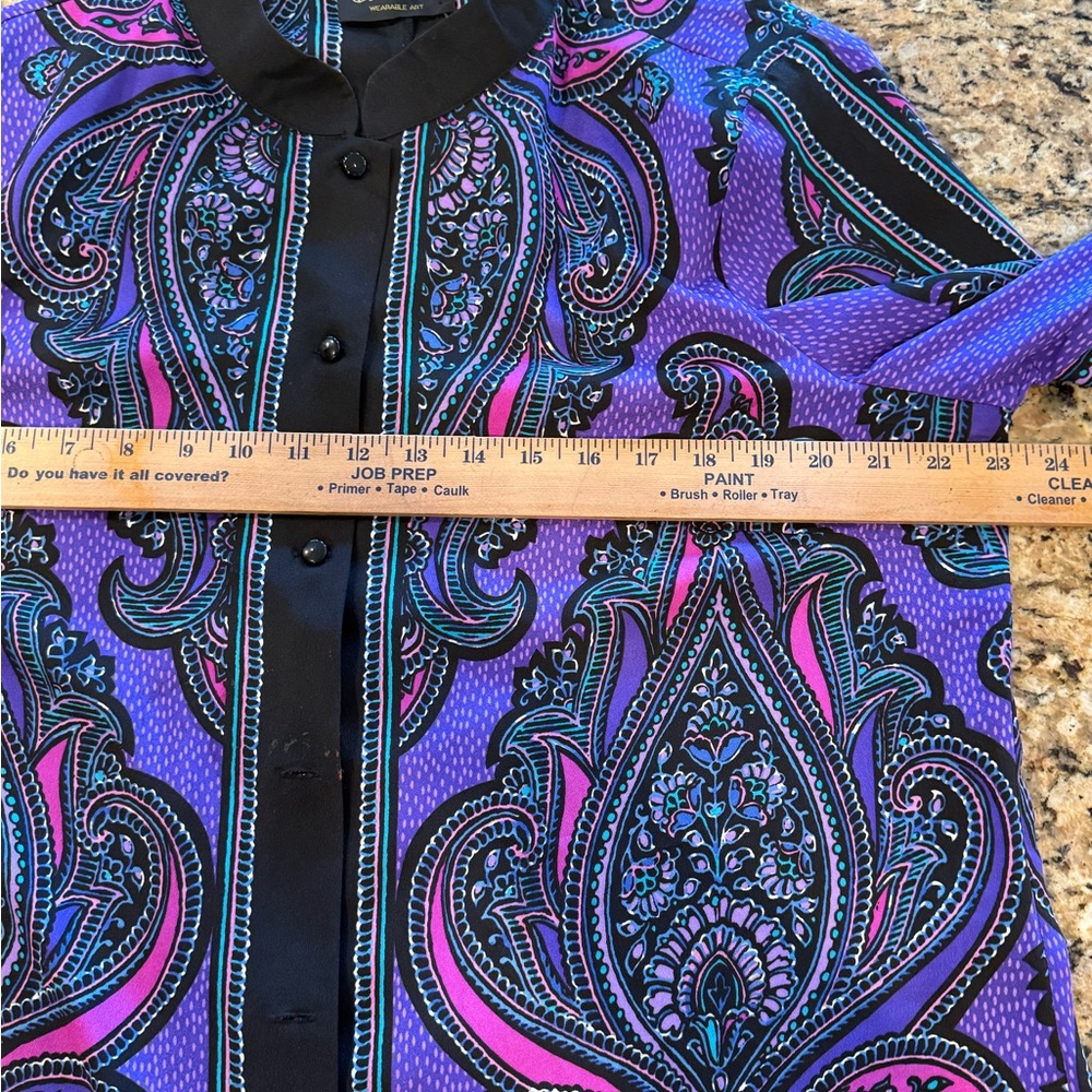 Bob Mackie Wearable Art Womens Purple Paisley Satin Long Sleeve Blouse large - Picture 6 of 7